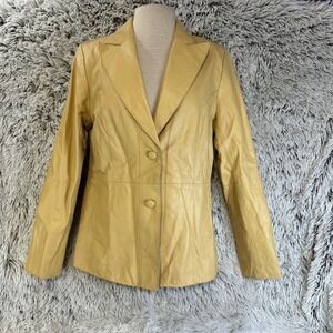 Vtg Pamela McCoy Leather Jacket Blazer Buckskin Yellow Small Classic Timeless